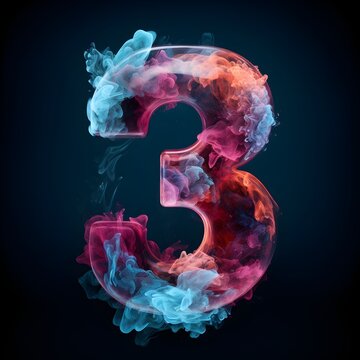 3D glowing burning number 3 of smoke or cloud. Symbol 3 Abstract neon numbers. Isolated colorful blue red white numbers on black background, hot and cold contrast 