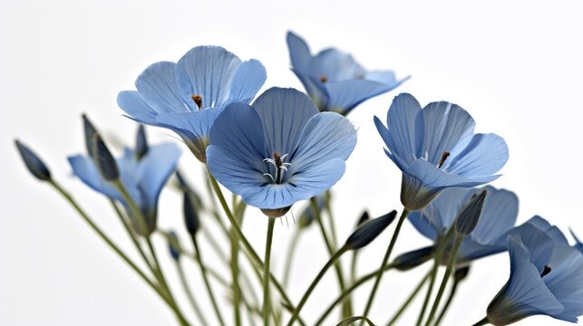 Closeup photo of blue flax flower on white background