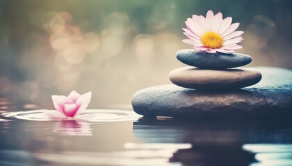 Serene water lily and zen stones on calm water