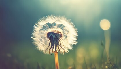 Single dandelion seed head backlit by the warm glow of the setting sun