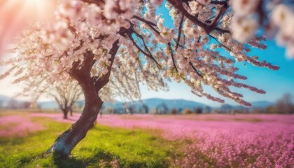 Blooming cherry trees in springtime meadow