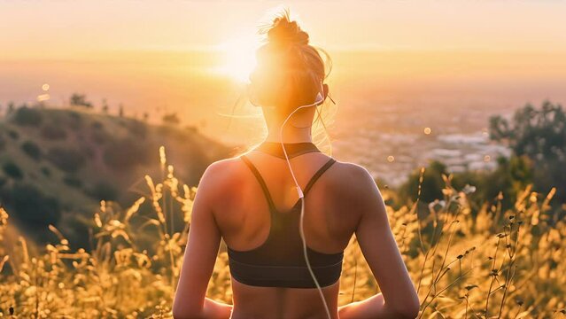 Gen-z woman in a sports bra from behind in silhouette jogging in the Hollywood hills at sunset with a view of Los Angeles