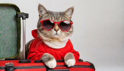 Funny cat in a red sweatshirt and sunglasses, sits with a suitcase on a white background	
