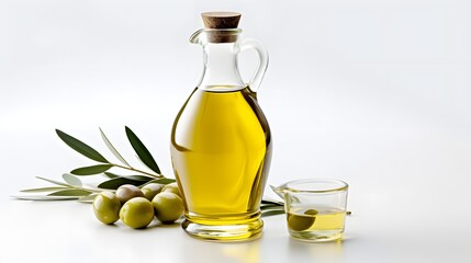 Olive oil bottle and olive branch isolated on white background, top view.