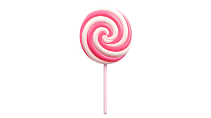 Pink and white spiral candy lollipops isolated on transparent background, top view.