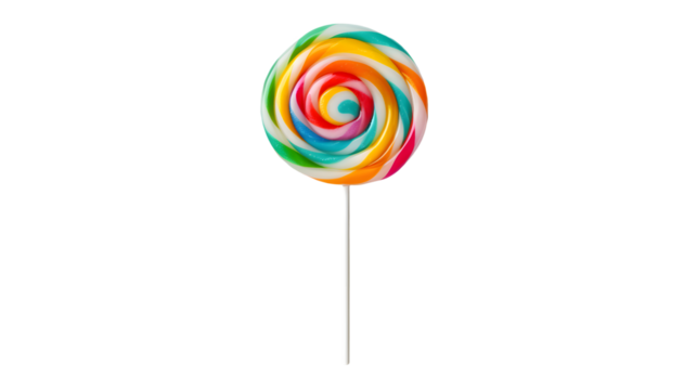 Colorful spiral candy lollipops isolated on transparent background, top view.
