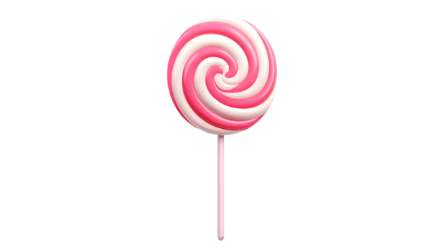 Pink and white spiral candy lollipops isolated on transparent background, top view.