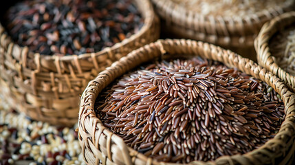 the natural beauty of whole grains like wild rice, barley, and quinoa arranged in woven baskets