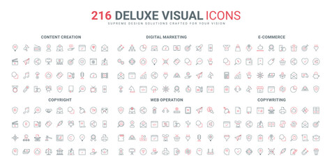 Content creation, marketing services for ecommerce and sales line icons set. Commercial promotion strategy, copyright for ideas, video and storytelling thin black and red symbols vector illustration