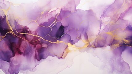 Abstract violet liquid background with glitter golden line and splash. Marble alcohol ink, luxury...