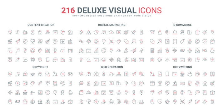 Content creation, marketing services for ecommerce and sales line icons set. Commercial promotion strategy, copyright for ideas, video and storytelling thin black and red symbols vector illustration
