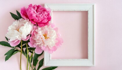 White frame with pink peony flowers on a pink background, top view, copy space, flat lay, mockup
