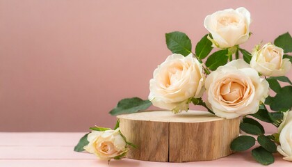 Wood podium beige rose flowers on pink pastel background with space.