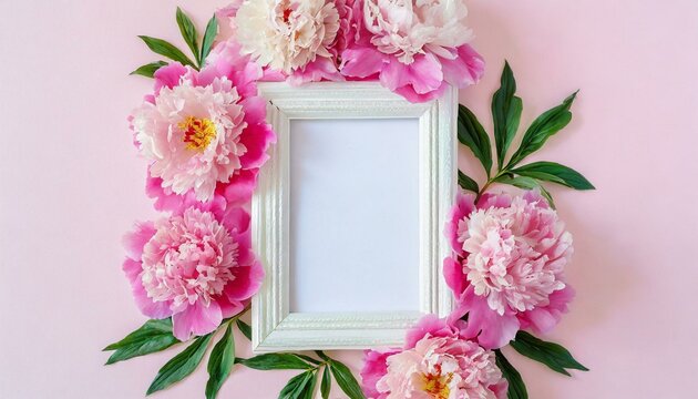 White frame with pink peony flowers on a pink background, top view, copy space, flat lay, mockup.