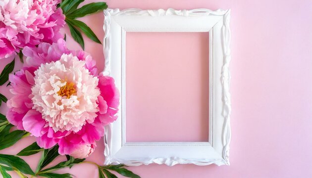 White frame with pink peony flowers on a pink background, top view, copy space, flat lay, mockup. 