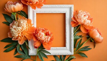 White frame with orange peony flowers on a orange background, top view, copy space, flat lay, mockup.