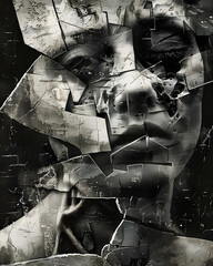 Monochrome art A glass mosaic portrait of a womans face in black and white - obrazy, fototapety, plakaty