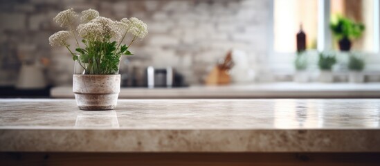 Stone tabletop and blurred kitchen indoor setting suitable for showcasing or presenting your items