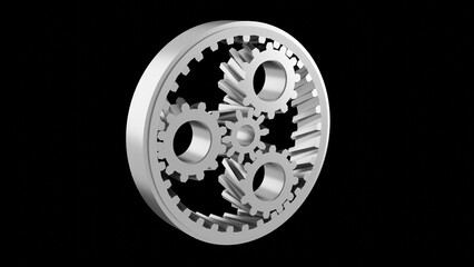 planetary gears machinery rotation 3d representation. Can be used to represent a cog system with bearings, a clockwork mechanism or mechanical motor engineering