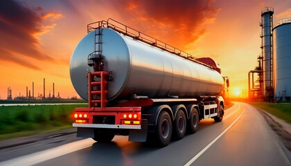 big metal fuel tanker truck in motion shipping fuel to oil refinery against sunset sky wallpaper created with generative ai