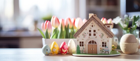 Key to cozy home with Easter decorations on kitchen table Building design project moving to new home property - obrazy, fototapety, plakaty