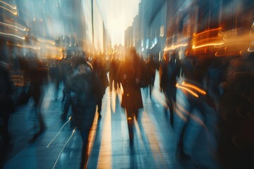 Dynamic cityscape with blurred figures of people and bright lights