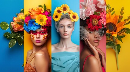 beautiful portraits of women with flower themes professional makeup of real flowers with colorful background in high resolution and quality