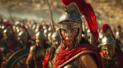 Several men clad in authentic Roman armor standing around a female warrior in a group, showcasing their historical attire.