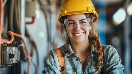 A woman wearing a hard hat and glasses, portraying a professional worker in a safety gear setup.