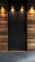 Industrial architecture wall mockup featuring a dark center with wooden panels on both the left and right sides