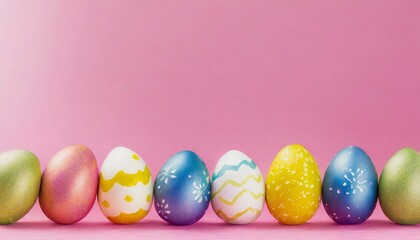Colorful Easter Egg bottom border over a pink banner background. Copy space.