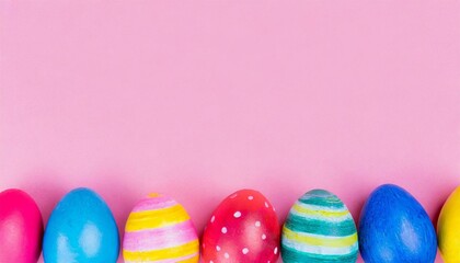 Fototapeta premium Colorful Easter Egg bottom border over a pink banner background. Copy space. 