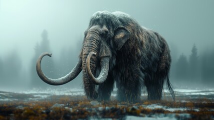 A wooly mammoth standing in a foggy field, showcasing its massive size and prehistoric nature. - obrazy, fototapety, plakaty