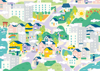 雲がもくもくのたのしい人々と街並み