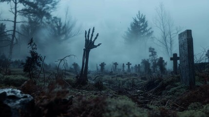 A cemetery surrounded by dense fog in a forest.