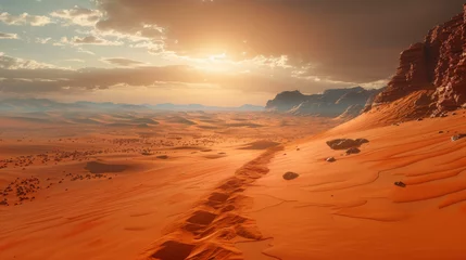 Foto op Plexiglas landscape on planet Mars, scenic desert scene on the red planet (3d space render). © Matthew