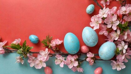 Fototapeta na wymiar Minimalistic Easter background with eggs in pastel pink colors with spring red flowers on a light blue background with copy space for text.