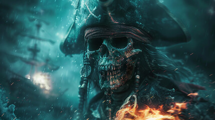 Ghostly Pirate Skull in Rain with Flaming Ship Background - obrazy, fototapety, plakaty