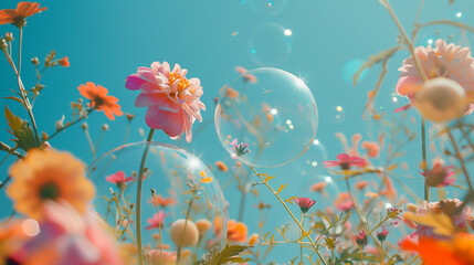 Floating Pink Flowers in Magical Bubbles