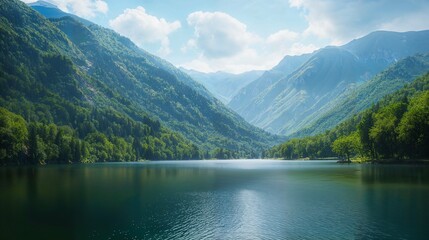 Fototapeta na wymiar A beautiful lake surrounded by lush mountains.