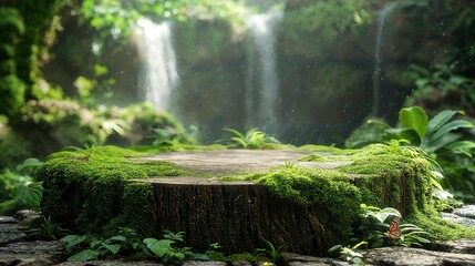 A moss covered tree stump in front of a cascading waterfall in a lush forest setting.