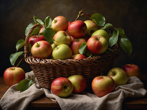 A still life painting of a basket overflowing with a variety of apples, each one with its own unique shape and color.  Generative AI