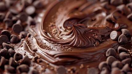 Detailed view of a chocolate cake topped with chocolate chips.