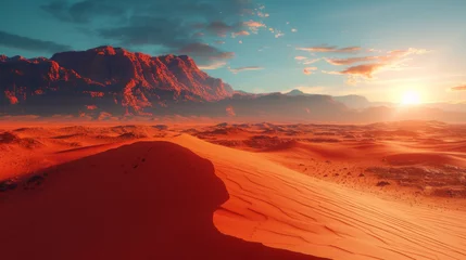 Abwaschbare Fototapete Backstein landscape on planet Mars, scenic desert scene on the red planet (3d space render).