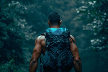 Individual with backpack trekking through a forest trail