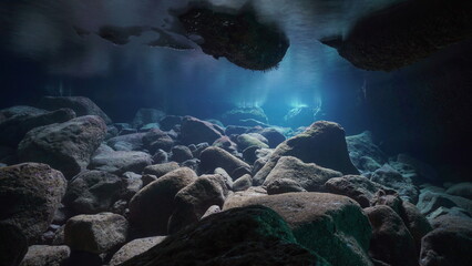 Rocks underwater inside a sea cave in the Mediterranean sea, natural scene, Spain