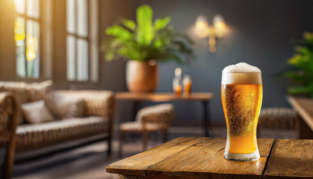 Wooden Table With Glass Of Cold Beer With Out Of Focus Background Of Blurry Empty Interior Of Living Room Of Cozy House, Space For Text