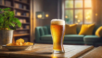 wooden table with glass of cold beer with out of focus background of blurry empty interior of living room of cozy house, space for text