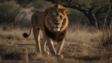 A lion wandering in the forest