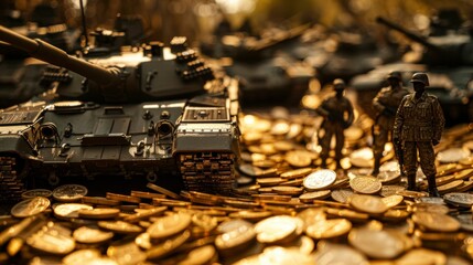 war tank with soldiers on money gold coins in high resolution and high quality. war concept, money, puppets